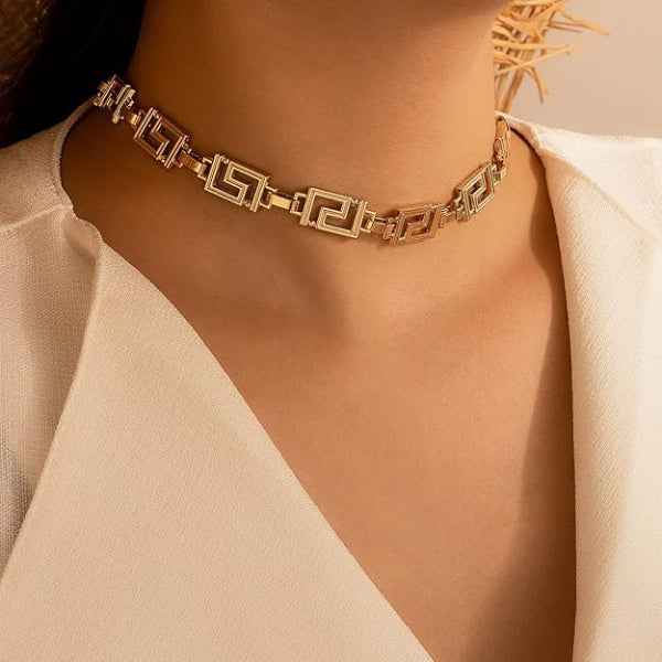 Gold Choker Necklace - Shimmering Greek Key Link Statement Chain