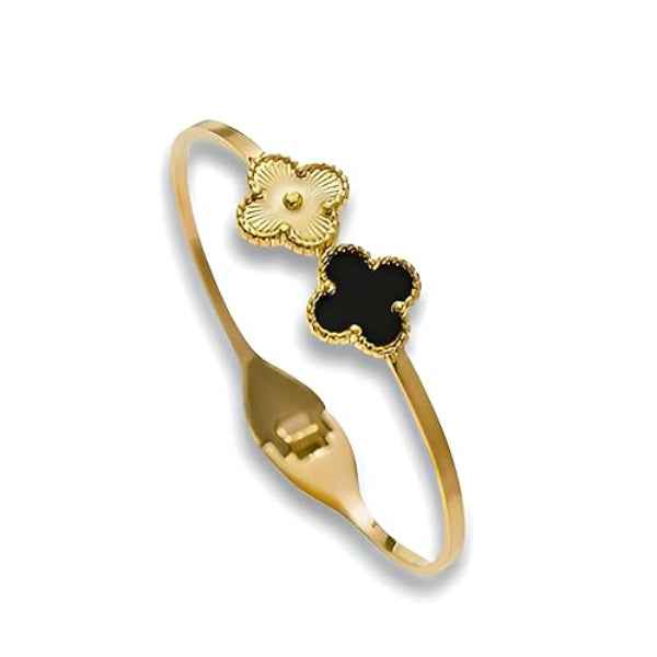 Gold Clover Bangle: Lucky Black and White Flower Charm Bracelet