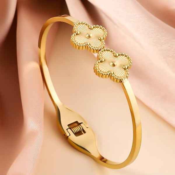 Gold Clover Bangle: Lucky 18K Gold Plated Flower Charm Bracelet