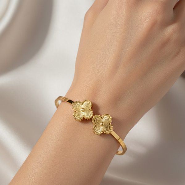 Gold Clover Bangle: Lucky 18K Gold Plated Flower Charm Bracelet
