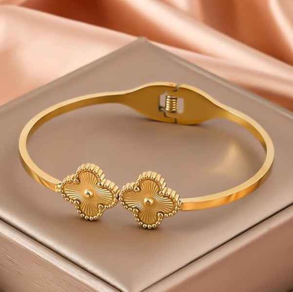 Gold Clover Bangle: Lucky 18K Gold Plated Flower Charm Bracelet