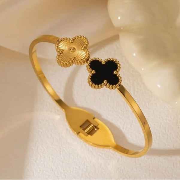 Gold Clover Bangle: Lucky Black and White Flower Charm Bracelet