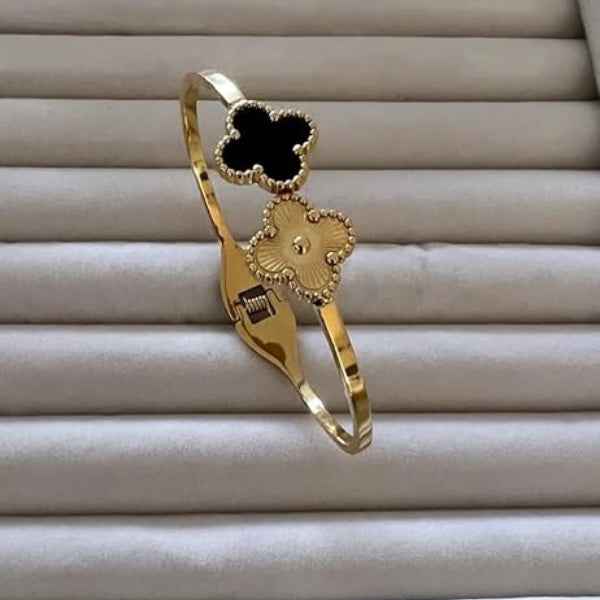 Gold Clover Bangle: Lucky Black and White Flower Charm Bracelet