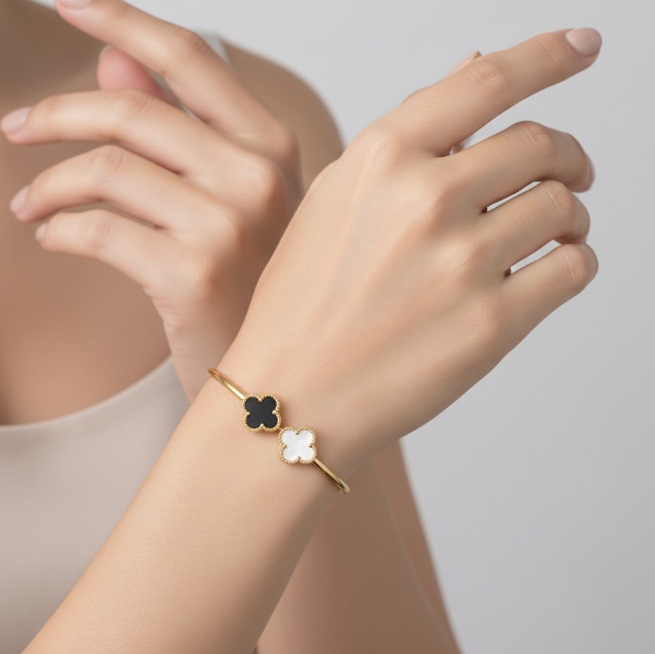 Gold Clover Bangle: Lucky Black and White Flower Charm Bracelet