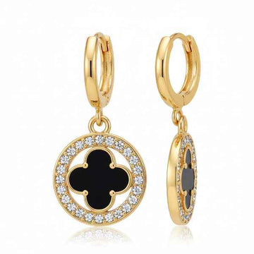 Luxury Clover Hoop Dangle Earrings | Black and Gold Charm Jewelry