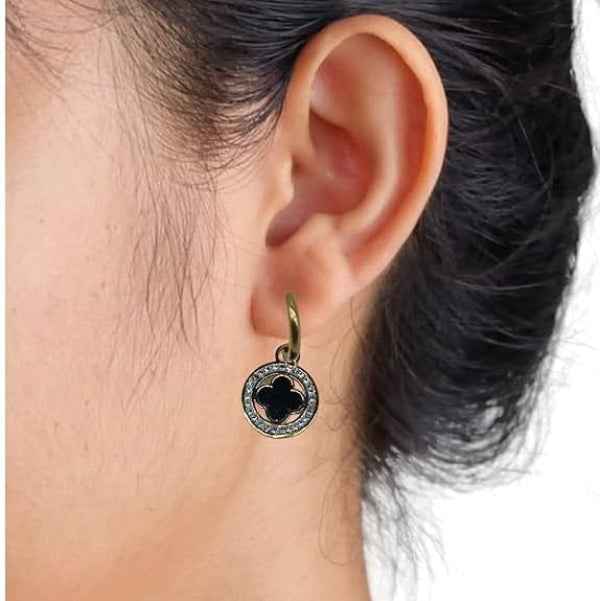 Luxury Clover Hoop Dangle Earrings | Black and Gold Charm Jewelry