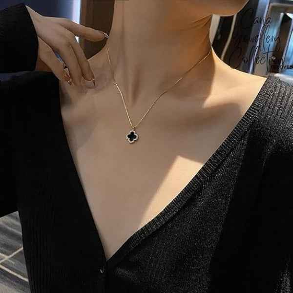 Chic Gold Black Clover Necklace | Radiant Onyx-Style Medallion