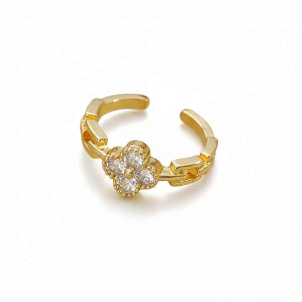 Gold Clover Ring - Shimmering Crystal Flower Adjustable Promise Ring