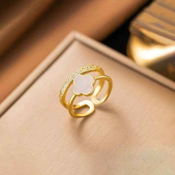 Radiant Gold Clover Ring - Luxury White Quatrefoil Double Band Ring