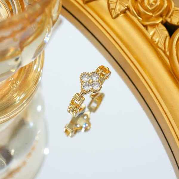 Gold Clover Ring - Shimmering Crystal Flower Adjustable Promise Ring