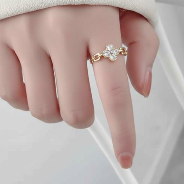 Gold Clover Ring - Shimmering Crystal Flower Adjustable Promise Ring