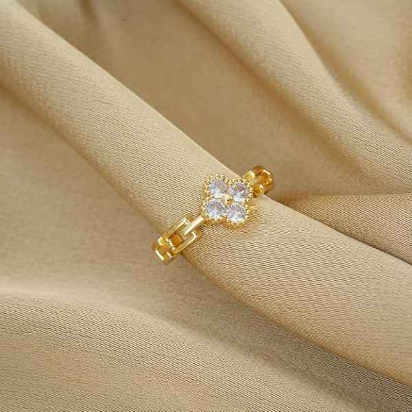 Gold Clover Ring - Shimmering Crystal Flower Adjustable Promise Ring