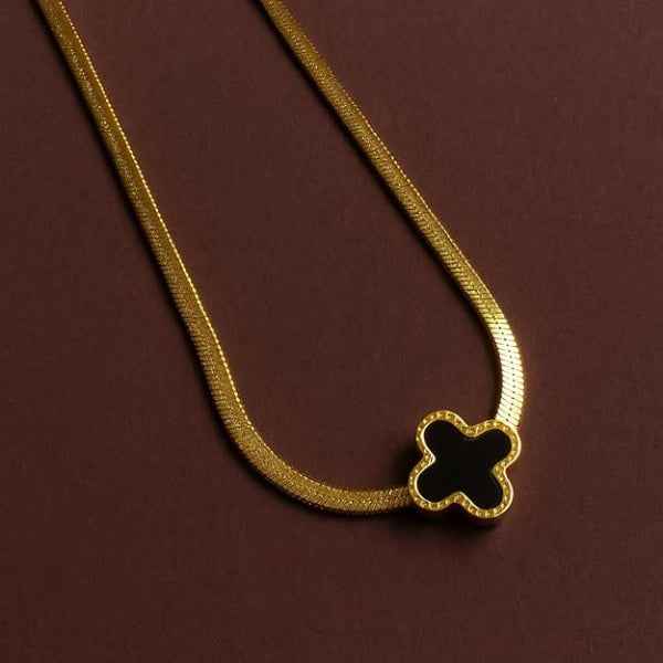 Gold Clover Necklace: Black Clover Pendant on Sleek Snake Chain