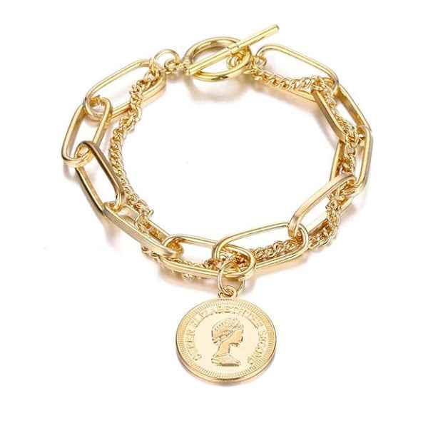 Gold Coin Bracelet with Chunky Paperclip Chain and Toggle Clasp