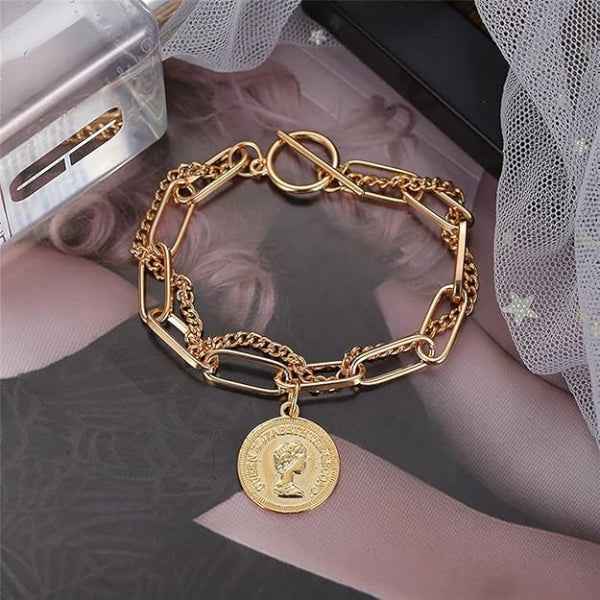 Gold Coin Bracelet with Chunky Paperclip Chain and Toggle Clasp