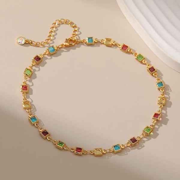 Gold Colorful Crystal Anklet - Sparkling Rainbow Multi-Stone Jewelry