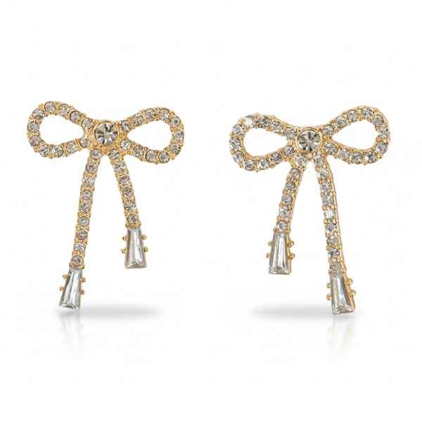 Gold Crystal Bow Earrings | Dainty Pave Ribbon Stud Coquette Jewelry