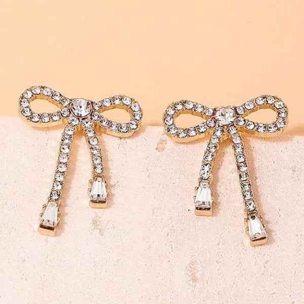 Gold Crystal Bow Earrings | Dainty Pave Ribbon Stud Coquette Jewelry
