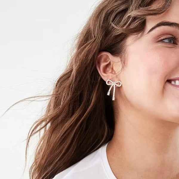 Gold Crystal Bow Earrings | Dainty Pave Ribbon Stud Coquette Jewelry