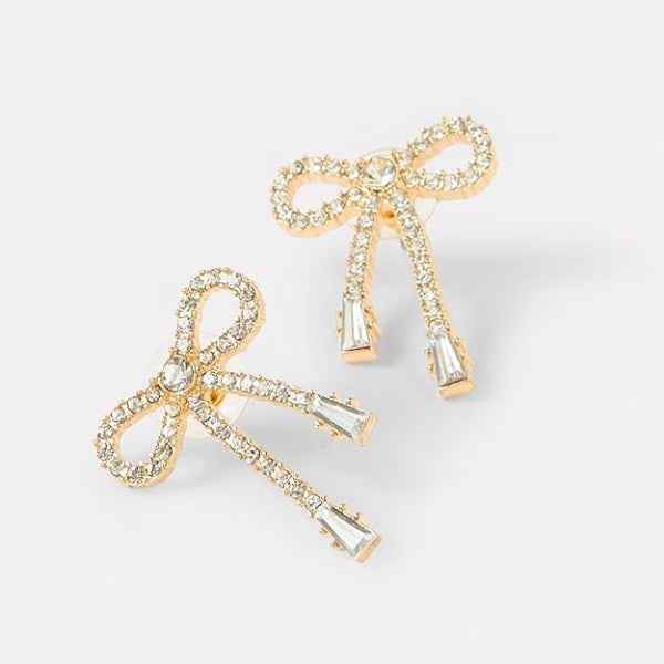 Gold Crystal Bow Earrings | Dainty Pave Ribbon Stud Coquette Jewelry