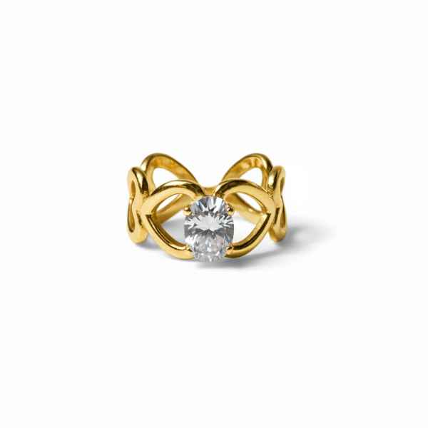 Gold Crystal Heart Ring - Shimmering Open Adjustable Statement Band