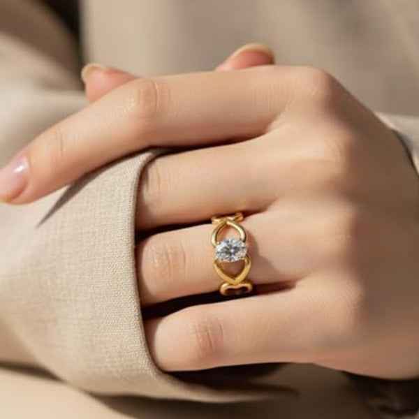 Gold Crystal Heart Ring - Shimmering Open Adjustable Statement Band