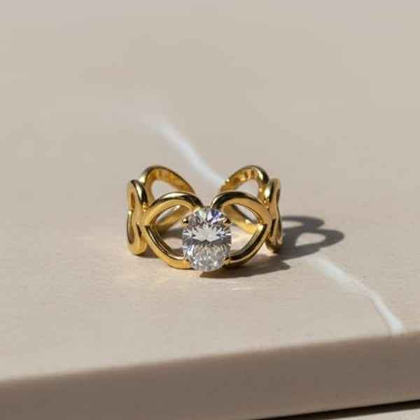 Gold Crystal Heart Ring - Shimmering Open Adjustable Statement Band