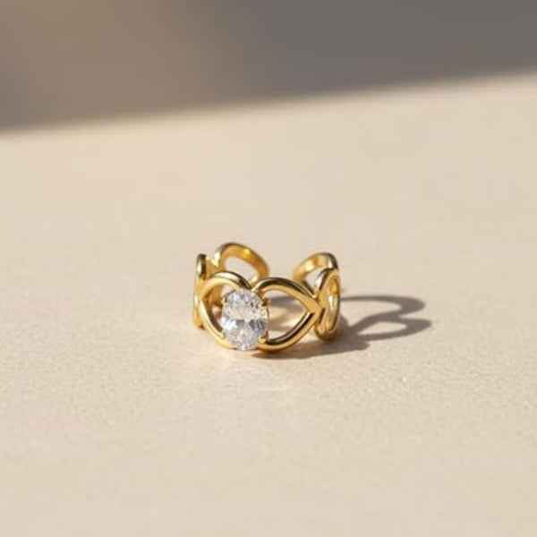 Gold Crystal Heart Ring - Shimmering Open Adjustable Statement Band