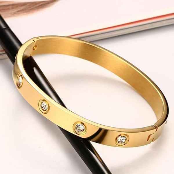 Polished Gold Crystal Bangle Bracelet | Chic Minimalist Inlay Jewelry