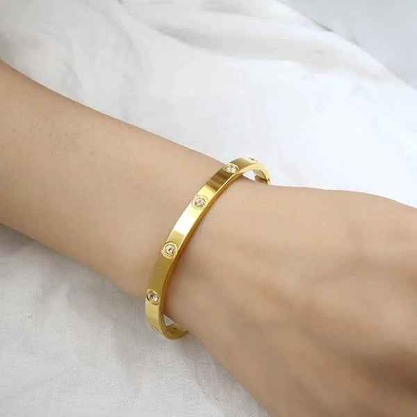 Polished Gold Crystal Bangle Bracelet | Chic Minimalist Inlay Jewelry