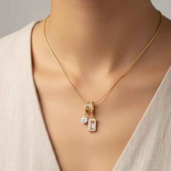 Gold Crystal Necklace - Shimmering Dainty Charm Snake Chain Necklace
