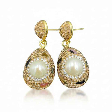 Gold Crystal Pearl Drops | Dainty Pave Bridal Dangle Statement Earrings