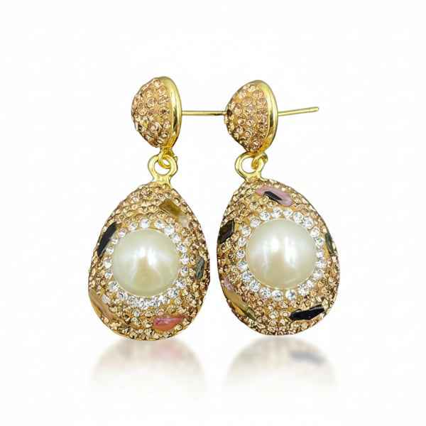 Gold Crystal Pearl Drops | Dainty Pave Bridal Dangle Statement Earrings