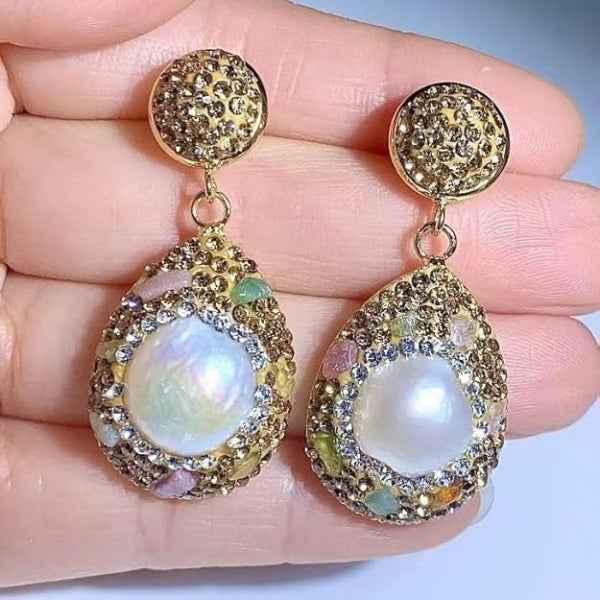 Gold Crystal Pearl Drops | Dainty Pave Bridal Dangle Statement Earrings