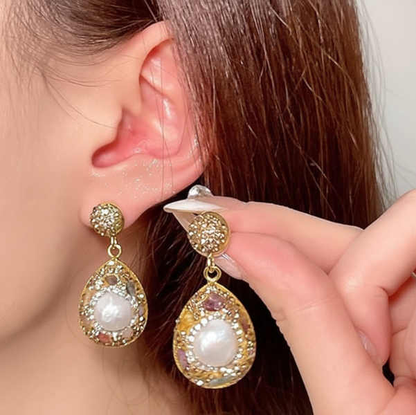 Gold Crystal Pearl Drops | Dainty Pave Bridal Dangle Statement Earrings