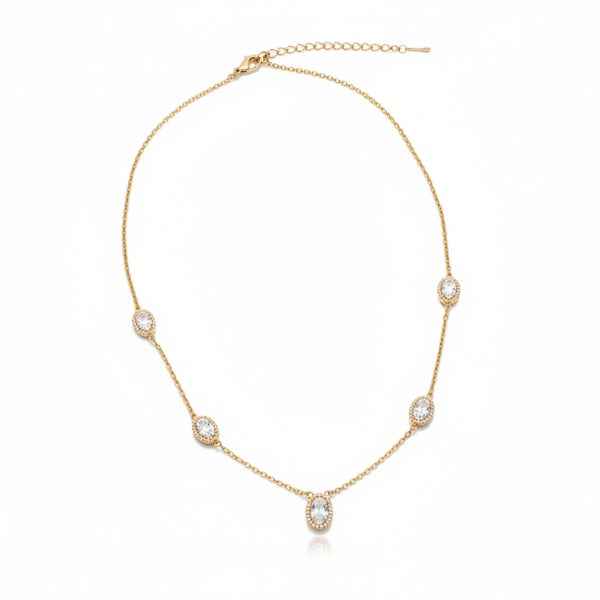 Gold Crystal Station Necklace - Shimmering Oval Stone Layering Chain