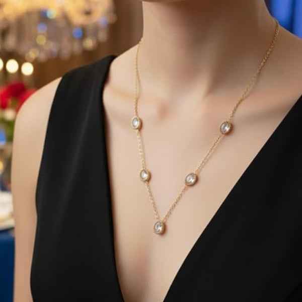 Gold Crystal Station Necklace - Shimmering Oval Stone Layering Chain