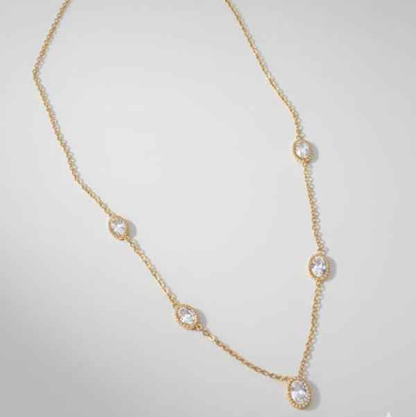 Gold Crystal Station Necklace - Shimmering Oval Stone Layering Chain