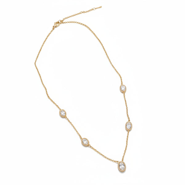 Gold Plated Crystal Station Necklace | Dainty Oval Charm Everyday Jewelry