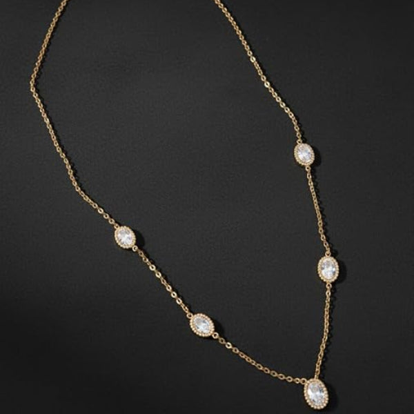Gold Crystal Station Necklace | Dainty Oval Charm Everyday Jewelry