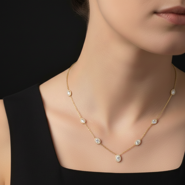 Gold Plated Crystal Station Necklace | Dainty Oval Charm Everyday Jewelry