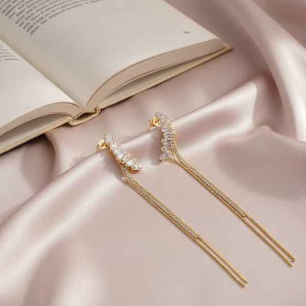Gold Crystal Tassel Earrings | Dainty Long Linear Drop Statement Gift