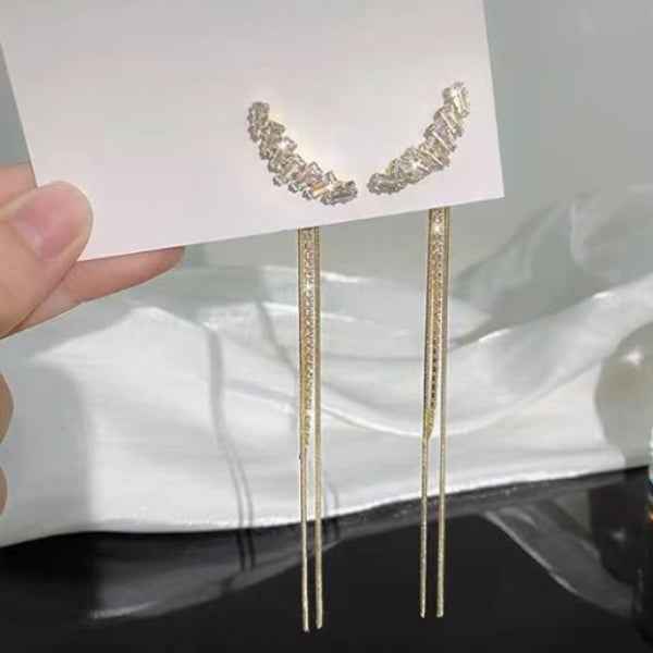 Gold Crystal Tassel Earrings | Dainty Long Linear Drop Statement Gift