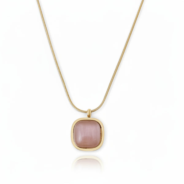 Gold Plated Cushion Necklace - Pink Cat Eye Stone Square Pendant Jewelry