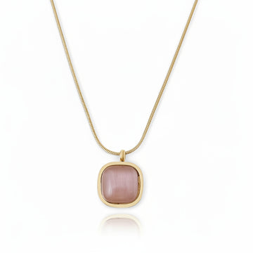 Gold Plated Cushion Necklace - Pink Cat Eye Stone Square Pendant Jewelry