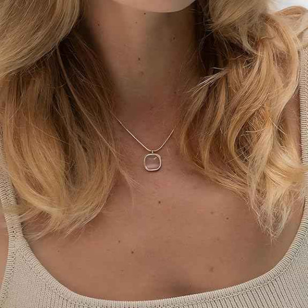 Gold Cushion Necklace - Pink Cat Eye Stone Square Pendant Jewelry