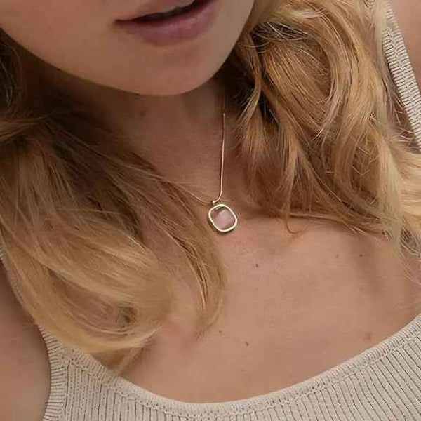 Gold Cushion Necklace - Pink Cat Eye Stone Square Pendant Jewelry