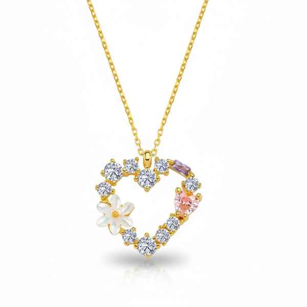 14K Gold Daisy Heart Necklace – Dainty Floral Crystal Charm Pendant