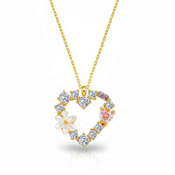 14K Gold Daisy Heart Necklace – Dainty Floral Crystal Charm Pendant