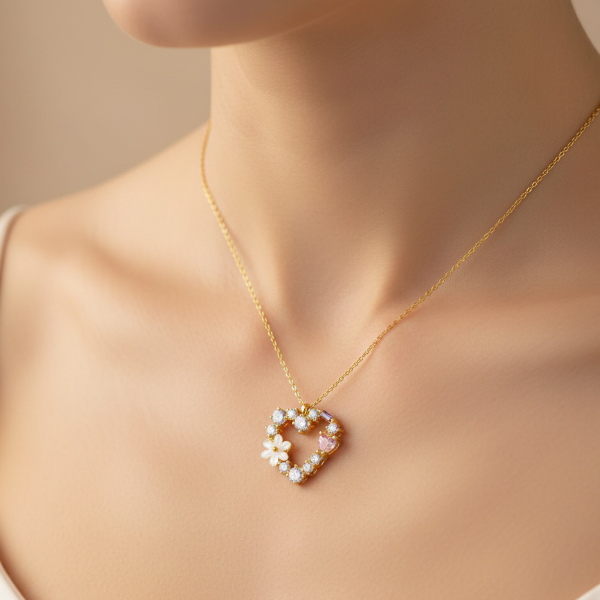 14K Gold Daisy Heart Necklace – Dainty Floral Crystal Charm Pendant